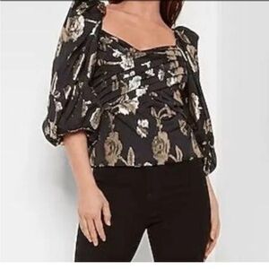 Express Poof Sleeve Gold and Black Peplum Top. NWT